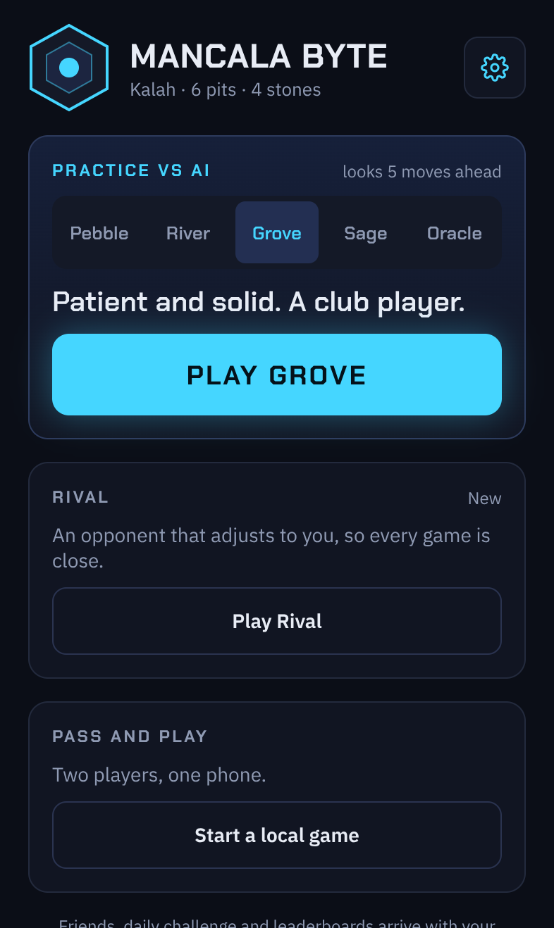 The home screen: pick an AI level from Pebble to Oracle, play Rival, or start a pass-and-play game.